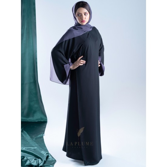 AM4010 Chiffon wrap abaya in black color, with colorful lining, with opening on the sleeves and the bottom corner for those who love elegance the headcover not included