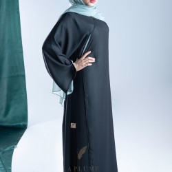 AM4011 Chiffon wrap abaya in black color, with colorful lining, with opening on the sleeves and the bottom corner for those who love elegance the headcover not included