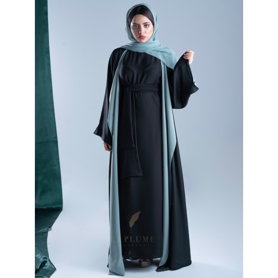 AM4011 Chiffon wrap abaya in black color, with colorful lining, with opening on the sleeves and the bottom corner for those who love elegance the headcover not included