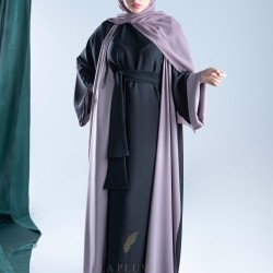 AM4012 Chiffon wrap abaya in black color, with colorful lining, with opening on the sleeves and the bottom corner for those who love elegance the headcover not included