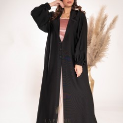 AS1014 An elegant practical abaya with black crepe fabric and a collar neck with three large buttons in the middle and zip sleeves