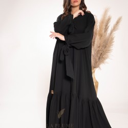 AS1015 Royal black crepe abaya has a round collar neck with pleats at the bottom of the abaya and features tie-down sleeves