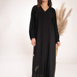 AS1016 Abaya with black fabric, crepe salona, original Japanese first class, elegant design, with three lines embroidery from the shoulders to the bottom of the abaya on the front