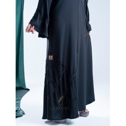 AK3004 A hand work black abaya with a stylish design on the sides and sleeves with a crepe fabric