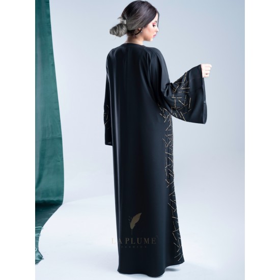 AK3006 A hand work Abaya with golden color scattered lines mixed with black on the sleeves and sides with a crepe fabric and a French sleeve