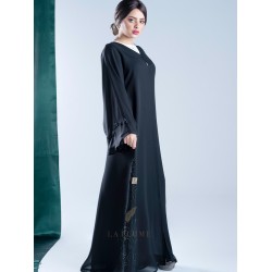 AK3010 A hand work floral style abaya dangling on the sides, black color, and a light touch on the French sleeve, double chiffon fabric