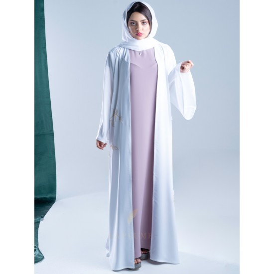 AK3012 A colorful abaya with a hand work in the form of flowers in golden color on the sides with a French sleeve the headcover not included