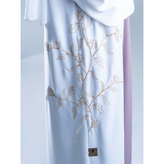 AK3012 A colorful abaya with a hand work in the form of flowers in golden color on the sides with a French sleeve the headcover not included