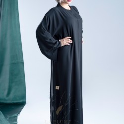 AK3015 Abaya crepe fabric with hand work in the form of branches on the bottom corner and the sleeves with a round collar neck