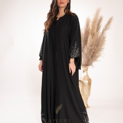 AK3016 Abaya with a crepe hand work in the form of leaves on the bottom corner and the sleeves with a round neck and a French sleeve