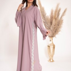AK3019  Hand work leaf shaped abaya on the side with a French sleeve, button and collar neck