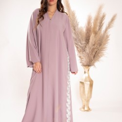 AK3019  Hand work leaf shaped abaya on the side with a French sleeve, button and collar neck