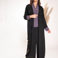 AK3023 Royal black crepe open-lock abaya wrap mixed with purple color on the neck collar and on the edges of the narrow sleeves, a black color
