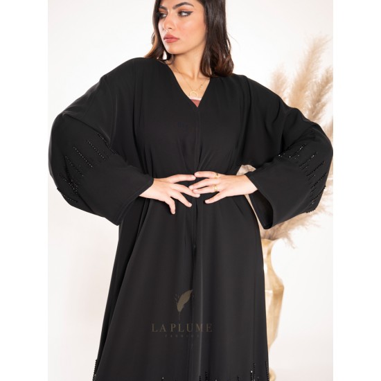 AK3024 Royal black crepe abaya, hand work, with small parallel lines at the bottom and on the sleeves