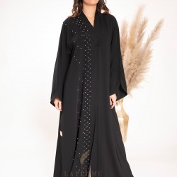 AK3027 Royal black crepe abaya with a collar neck  hand work on one side with black beads and pearls from top to bottom and a small curve hole on the sleeves and below the ends of the abaya