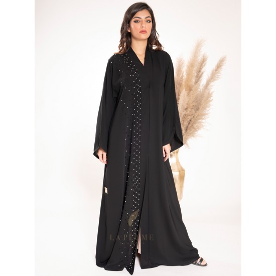 AK3027 Royal black crepe abaya with a collar neck  hand work on one side with black beads and pearls from top to bottom and a small curve hole on the sleeves and below the ends of the abaya