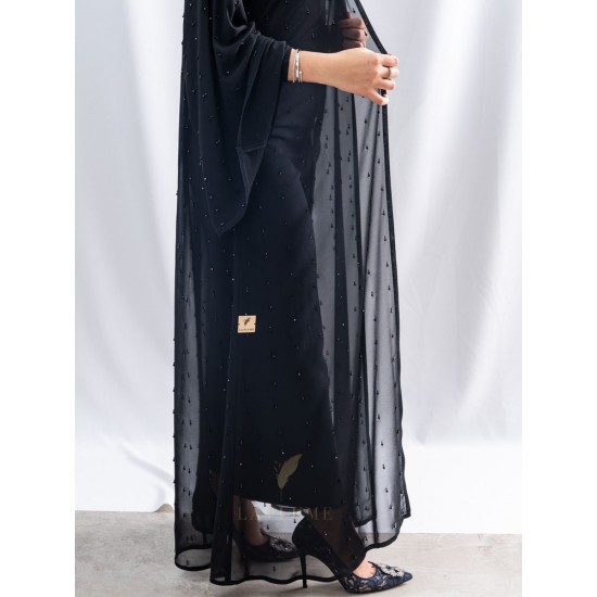 AK3030 Luxurious occasions hand-made abaya on all corners of the abaya with chiffon fabric, one layer, French sleeves, with a button the headcover not included