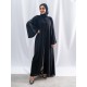 AK3033 Royal black crepe abaya mixed with a double chiffon piece in the middle with an elegant design and looks up to the chiffon side with a beautiful assortment and on the French sleeves the headcover not included
