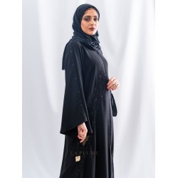 AK3034 Royal black crepe abaya hand-work, in black color, with three stripes on the front of the abaya and two lines on the French sleeves the headcover not included