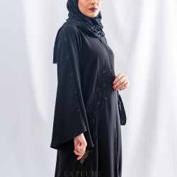 AK3034 Royal black crepe abaya hand-work, in black color, with three stripes on the front of the abaya and two lines on the French sleeves the headcover not included