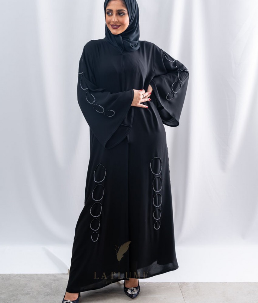 AK3035 Royal black crepe abaya with hand-work with five loops ...