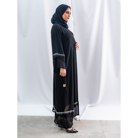 AK3036 Double chiffon v-neck abaya has a beautiful shape, with a wavy line at the bottom of the abaya and on the sleeves the headcover not included