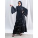 AK3037 Royal black crepe abaya, hand made with wavy lines, with squares distributed down the middle of the abaya and on the French sleeves the headcover not included