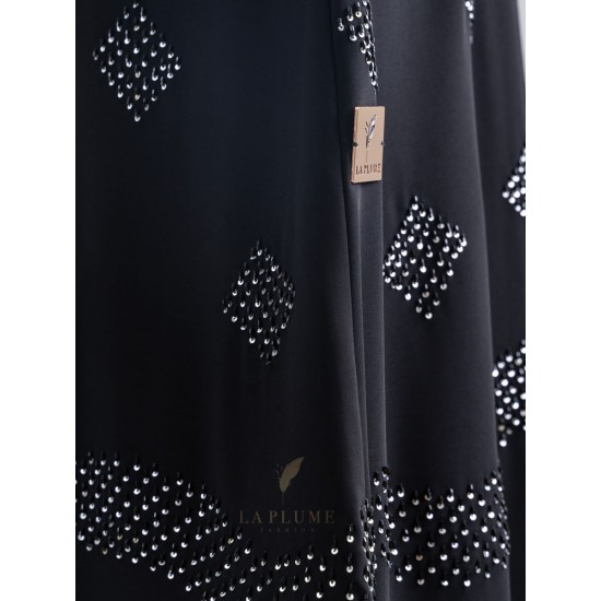 AK3037 Royal black crepe abaya, hand made with wavy lines, with squares distributed down the middle of the abaya and on the French sleeves the headcover not included