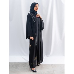 AK3039 Double chiffon abaya with a v-neck in a special shape, with two lines on the front and behind the abaya, with French sleeves and a button the headcover not included