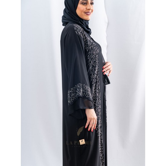 AK3040 Double chiffon abaya with a v-neck with one layer at the closure and the side of the sleeves and the hand work on the side of the double layer with random lines, which gives it an attractive look the headcover not included